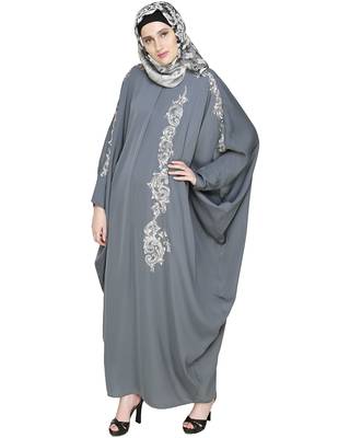 Modest Forever  Grey Embroidered Satin Nida Stitched Islamic Abaya 3