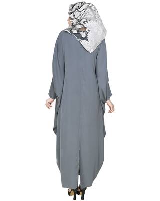 Modest Forever  Grey Embroidered Satin Nida Stitched Islamic Abaya 4
