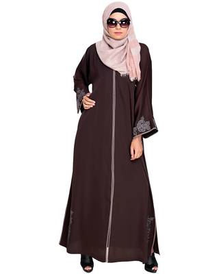Modest Forever  Dark Brown Embroidered Satin Nida Stitched Islamic Abaya 1