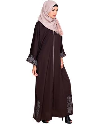 Modest Forever  Dark Brown Embroidered Satin Nida Stitched Islamic Abaya 2