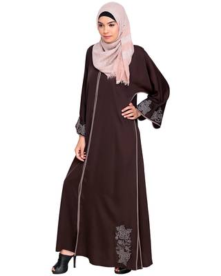 Modest Forever  Dark Brown Embroidered Satin Nida Stitched Islamic Abaya 4