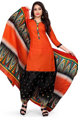 Orange Printed Cotton Salwar With Dupatta 1