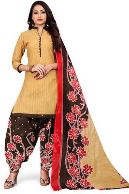 Beige Printed Cotton Salwar With Dupatta 1