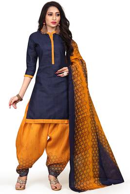 Navy-Blue Printed Cotton Salwar With Dupatta 1