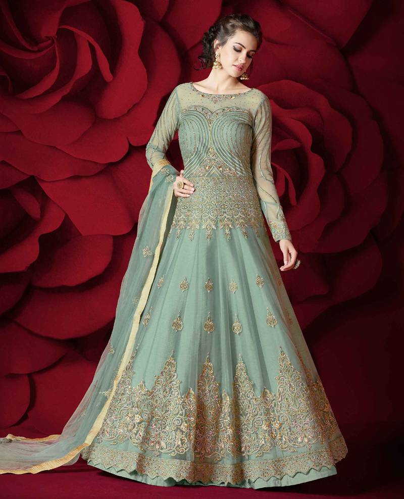 Light-sea-green embroidered net salwar with dupatta