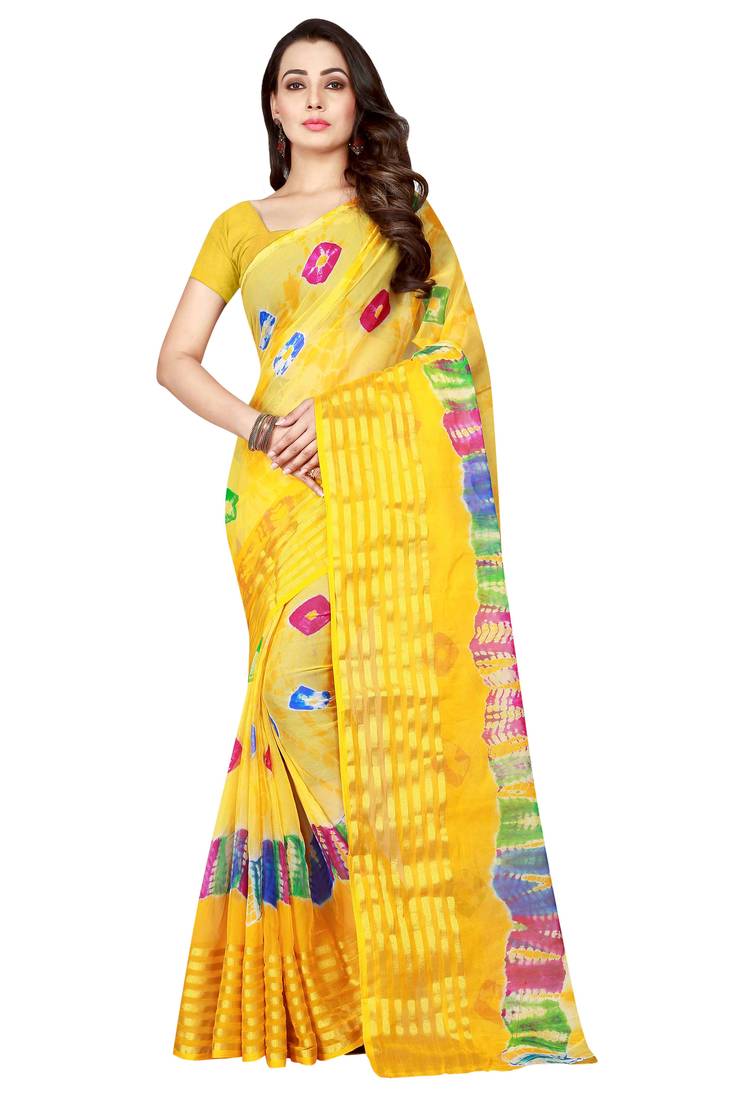 Women's Chiffon Yellow Printed Designer Saree With Blouse Piece