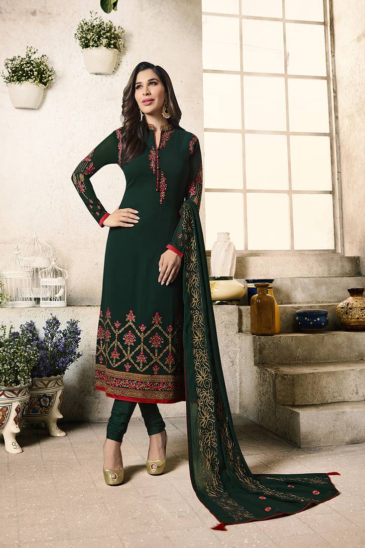 Dark green embroidered georgette semi stitched salwar with dupatta