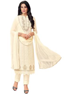 Cream Embroidered Cotton Salwar With Dupatta 1