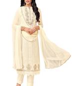Cream Embroidered Cotton Salwar With Dupatta