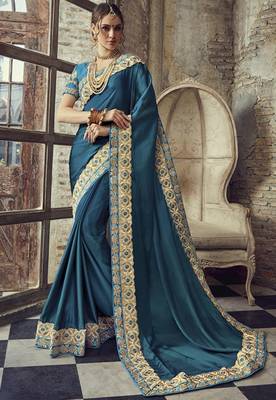 Peacock Blue Embroidered Banglori Silk Saree With Blouse 1