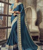 Peacock Blue Embroidered Banglori Silk Saree With Blouse