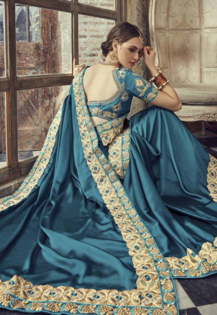 Peacock Blue Embroidered Banglori Silk Saree With Blouse