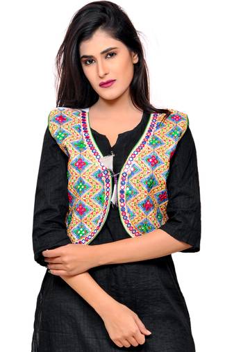 White Kutchi Embroidered Cotton Blend Short Jacket Women Ethnic Wear