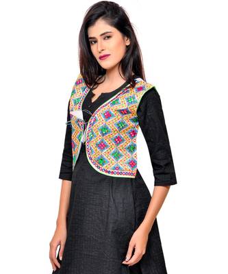 White Kutchi Embroidered Cotton Blend Short Jacket Women Ethnic Wear 2
