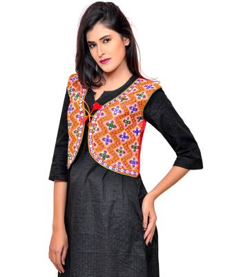 Red Kutchi Embroidered Cotton Blend Short Jacket Women Ethnic Wear 3