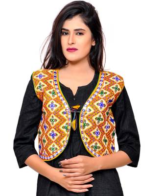 Yellow Kutchi Embroidered Cotton Blend Short Jacket Women Ethnic Wear 1