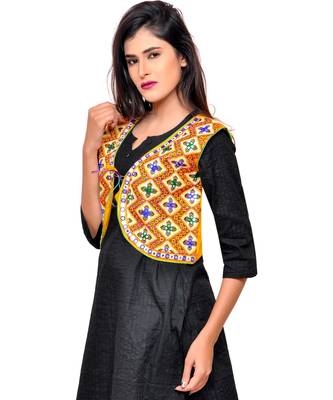 Yellow Kutchi Embroidered Cotton Blend Short Jacket Women Ethnic Wear 2
