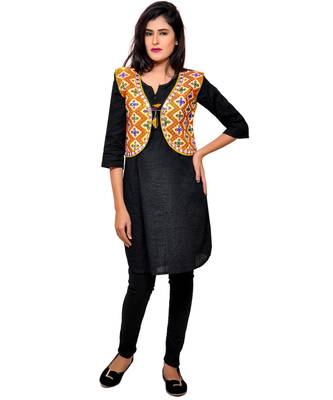 Yellow Kutchi Embroidered Cotton Blend Short Jacket Women Ethnic Wear 4