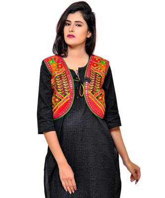 Black Kutchi Embroidered Cotton Blend Short Jacket Women Ethnic Wear 1