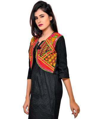 Black Kutchi Embroidered Cotton Blend Short Jacket Women Ethnic Wear 2