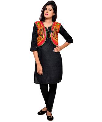 Black Kutchi Embroidered Cotton Blend Short Jacket Women Ethnic Wear 4