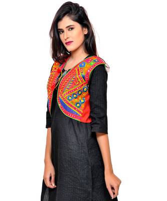 Red Kutchi Embroidered Cotton Blend Short Jacket Women Ethnic Wear 2