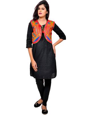 Red Kutchi Embroidered Cotton Blend Short Jacket Women Ethnic Wear 4