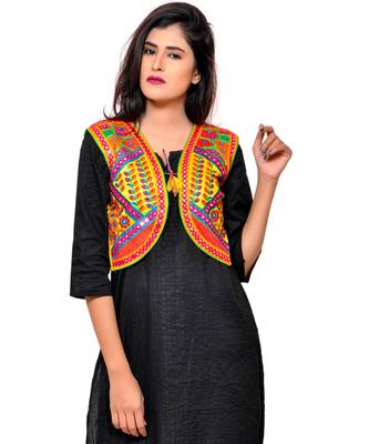 Yellow Kutchi Embroidered Cotton Blend Short Jacket Women Ethnic Wear 1