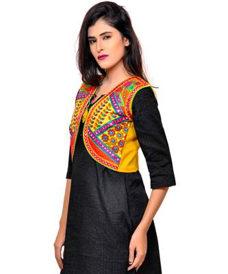 Yellow Kutchi Embroidered Cotton Blend Short Jacket Women Ethnic Wear 2