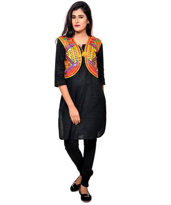 Yellow Kutchi Embroidered Cotton Blend Short Jacket Women Ethnic Wear 4