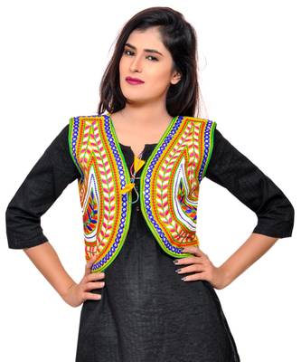 Yellow Kutchi Embroidered Cotton Blend Short Jacket Women Ethnic Wear 1