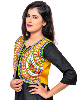 Yellow Kutchi Embroidered Cotton Blend Short Jacket Women Ethnic Wear 2
