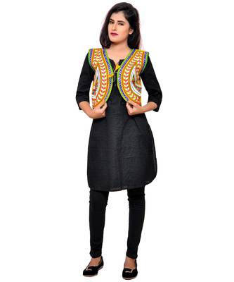 Yellow Kutchi Embroidered Cotton Blend Short Jacket Women Ethnic Wear 4