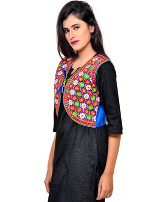Blue Kutchi Embroidered Cotton Blend Short Jacket Women Ethnic Wear 2