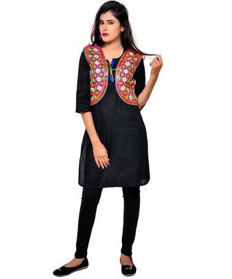 Blue Kutchi Embroidered Cotton Blend Short Jacket Women Ethnic Wear 4