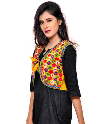 Yellow Kutchi Embroidered Cotton Blend Short Jacket Women Ethnic Wear 2