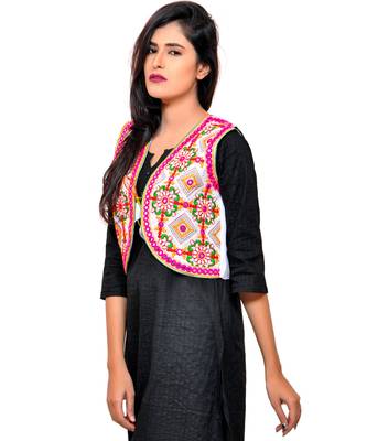 White Kutchi Embroidered Cotton Blend Short Jacket Women Ethnic Wear 2