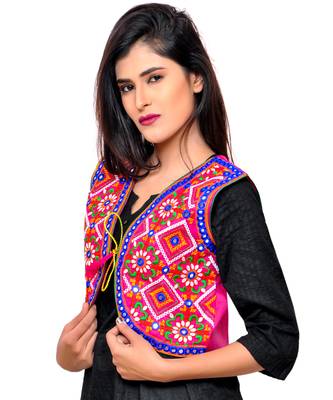 Pink Kutchi Embroidered Cotton Blend Short Jacket Women Ethnic Wear 2