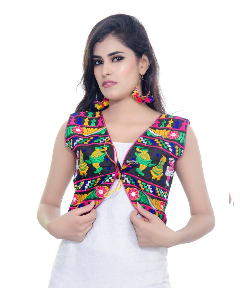 indian short jacket style dresses Black Kutchi Embroidered Cotton Blend Short Jacket Women Ethnic Wear -  Banjara India