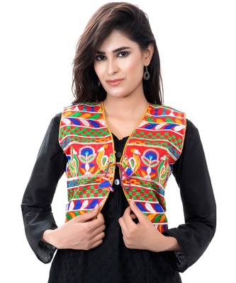 Red Kutchi Embroidered Cotton Blend Short Jacket Women Ethnic Wear 2