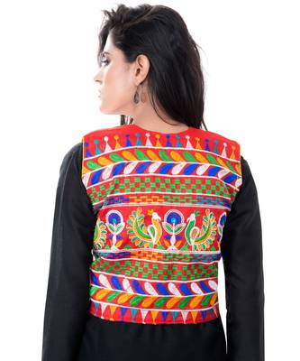 Red Kutchi Embroidered Cotton Blend Short Jacket Women Ethnic Wear 3