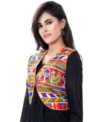 Red Kutchi Embroidered Cotton Blend Short Jacket Women Ethnic Wear 4