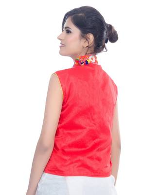 Red Kutchi Embroidered Dupion Silk Waist Length Jacket Women Ethnic Wear 3