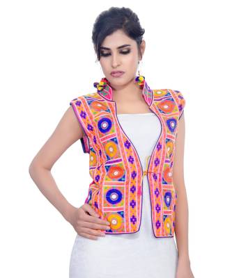 Pink Kutchi Embroidered Dupion Silk Waist Length Jacket Women Ethnic Wear 1