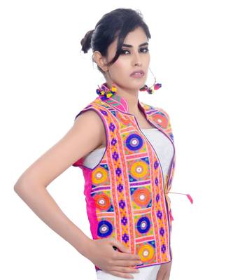 Pink Kutchi Embroidered Dupion Silk Waist Length Jacket Women Ethnic Wear 4