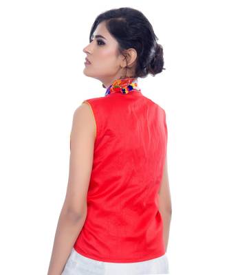 Red Kutchi Embroidered Dupion Silk Waist Length Jacket Women Ethnic Wear 3