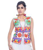 White Kutchi Embroidered Dupion Silk Waist Length Jacket Women Ethnic Wear