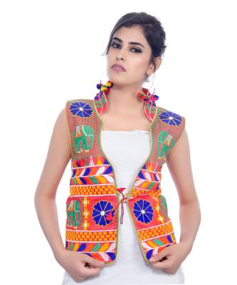 Red Kutchi Embroidered Dupion Silk Waist Length Jacket Women Ethnic Wear 1