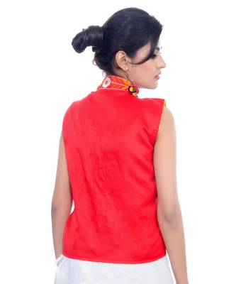 Red Kutchi Embroidered Dupion Silk Waist Length Jacket Women Ethnic Wear 2