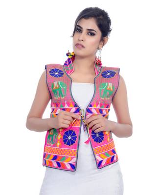 Pink Kutchi Embroidered Dupion Silk Waist Length Jacket Women Ethnic Wear 2